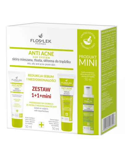 Flos Lek Anti Acne 24h System, krem matujący, 50 ml + serum kojące, 50 ml + tonik 50 ml - Zestaw z mini produktem do skóry mieszanej, tłustej i skłonnej do trądziku - 1