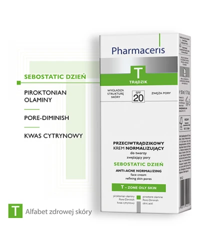 Pharmaceris T Sebostatic Day, przeciwtrądzikowy krem normalizujący SPF 20, 50 ml - Do cery trądzikowej, zwęża pory, wygładza i matuje - 1