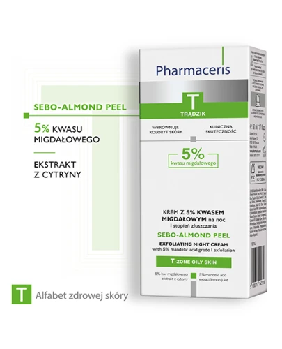 Pharmaceris T Sebo-Almond Peel 5%, I stopień złuszczania, 50 ml - Krem na noc z 5% kwasem migdałowym - 1