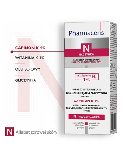 Pharmaceris N Capinon K 1%,  krem do twarzy, 30 ml - Z uszczelniającą naczynka witaminą K. - 1