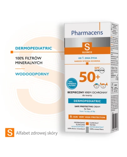 Pharmaceris S  Dermopediatric, krem ochronny do twarzy SPF 50 +, 50 ml - Oparty na filtrach mineralnych dla dzieci od 1. dnia życia - 1