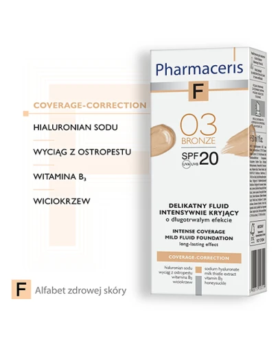 Pharmaceris F Coverage-Correction Bronze 03, SPF 20, 30 ml - Delikatny fluid intensywnie kryjący - 1