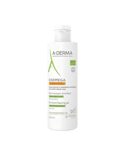 A-Derma Exomega Control Pieniący się żel emolient przeciw drapaniu, 500 ml - Oczyszcza, koi i zapewnia ochronę skórze suchej, podatnej na atopię.