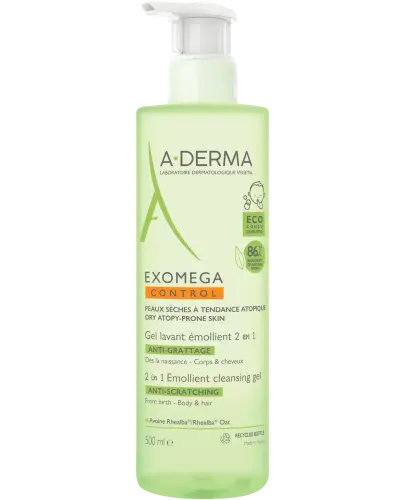 A-Derma Exomega Control Żel emolient do mycia 2w1, 500 ml - Oczyszcza skórę i łagodzi jej podrażnienia, zmniejszając odruch drapania.