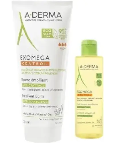 A-Derma Exomega Control, Balsam emolient, 200 ml + Olejek emolient pod prysznic, 100 ml - Zestaw do pielęgnacji skóry suchej skłonnej do atopii