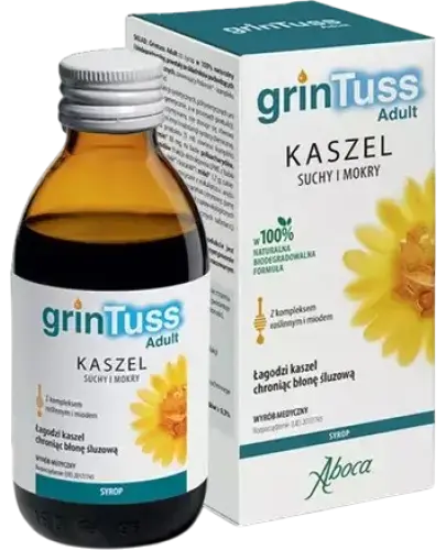 Aboca GrinTuss Adult syrop, 180 g - Naturalny syrop z babką lancetowatą, miodem i kocanką na suchy, mokry, ostry i przewlekły kaszel