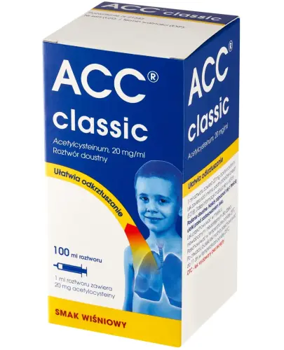 ACC Classic, 20 mg/ml, roztwór doustny, 100ml - Roztwór o smaku wiśniowym z acetylocysteiną. 