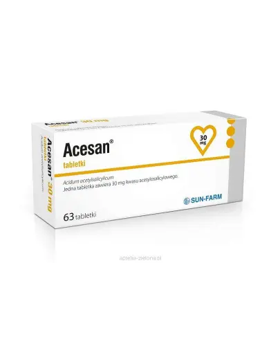 Acesan, 30mg, 63 tabletki - Z kwasem acetylosalicylowym hamującym zdolność płytek krwi do zlepiania i tworzenia zakrzepów.