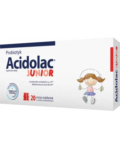 Acidolac Junior truskawkowy, 20 misio-tabletek - Łączące szczepy bakterii Lactobacillus acidophilus La-14TM i Bifidobacterium lactis BI-04TM , fruktooligosacharydy (FOS) oraz witaminę B6