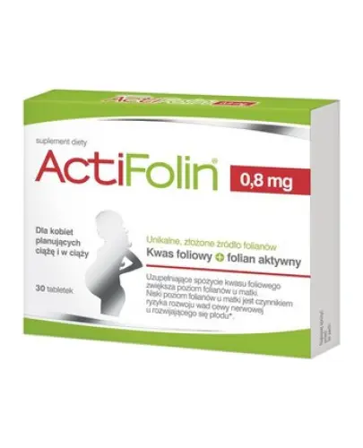 Actifolin 0,8 mg, 30 tabletek - Suplement diety w tabletkach z kwasem foliowym i aktywnym folianem IV generacji, szczególnie dla kobiet planujących ciążę i w ciąży