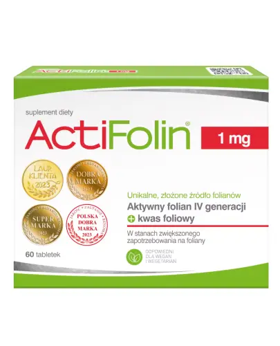 Actifolin 1mg tabletki powlekane, 60 sztuk - Suplement diety w tabletkach z kwasem foliowym i aktywnym folianem IV generacji, szczególnie dla kobiet planujących ciążę i w ciąży