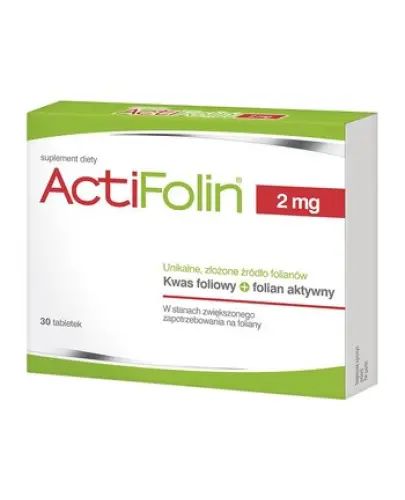 Actifolin, 2mg, 30 tabletek - Suplement diety w tabletkach z kwasem foliowym i aktywnym folianem IV generacji, szczególnie dla kobiet planujących ciążę i w ciąży