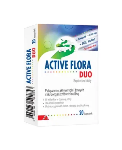 Active Flora Duo, 20 kapsułek - Probiotyk stanowiący połączenie żywych kultur mikroorganizmów z błonnikiem pokarmowym.