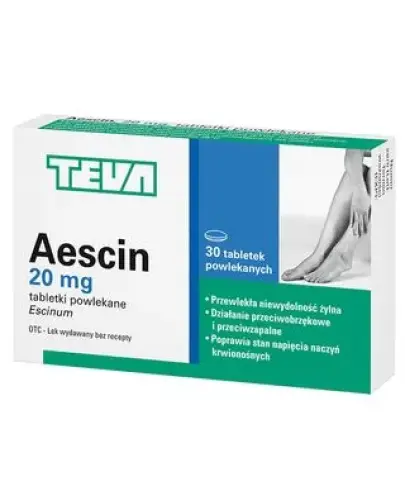 Aescin, 20mg, 30 tabletek powlekanych - Działa przeciwobrzękowo i przeciwzapalnie oraz poprawia stan napięcia naczyń krwionośnych. 