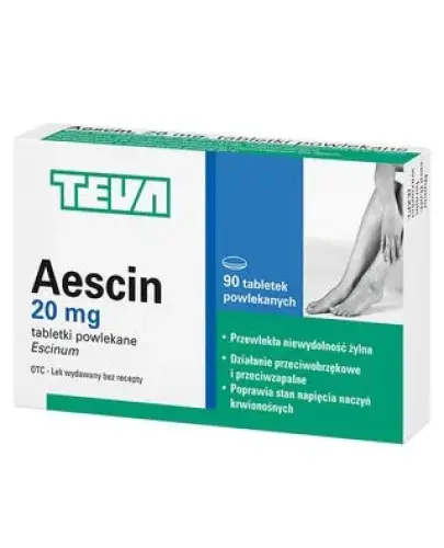 Aescin, 20mg, 90 tabletek powlekanych - Działa przeciwobrzękowo i przeciwzapalnie oraz poprawia stan napięcia naczyń krwionośnych. 