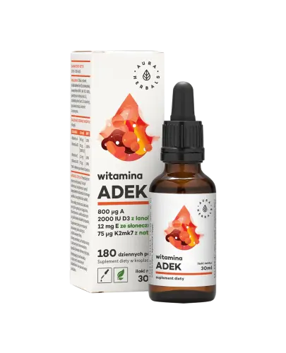 Aura Herbals Witamina ADEK, A + D3 2000 IU + E + K2, 30 ml - Kompleks witamin rozpuszczalnych w tłuszczach A+D+E+K