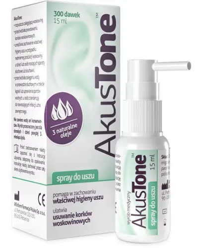 AkusTone spray do uszu, 15ml - Wyrób medyczny z oliwą z oliwek do higieny uszu, który pomaga usuwać korki woskowinowe oraz przeciwdziałać ich powstawaniu.