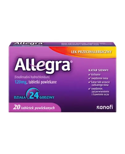 Allegra 120 mg, 20 tabletek powlekanych - Fexofenadini hydrochloridum 120 mg, tabletki powlekane.