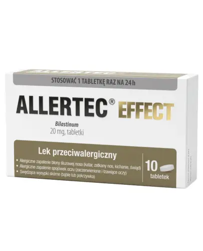 Allertec Effect 20 mg, 10 tabletek  - Alergiczne zapalenie błony śluzowej nosa i spojówek oraz pokrzywki.