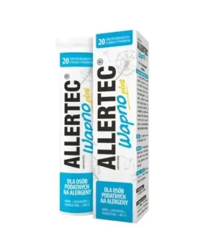 Allertec Wapno Plus, smak cytrynow, 20 tabletek musujących  - Suplement diety z wapniem, wzbogacony o ekstrakt z liści pachnotki zwyczajnej i kwercetynę oraz witaminę D