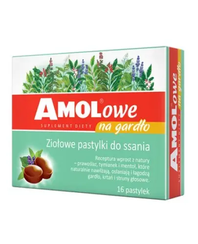 Amolowe, 16 pastylek ziołowych z mentolem do ssania  - Suplement diety do ssania z tymiankiem, korzeniem prawoślazu 