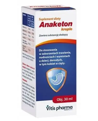 Anaketon, krople doustne, 30 ml - Suplement diety w kroplach bez alkoholu z rumiankiem, imbirem i witaminami grupy B. Dla dzieci, dorosłych i kobiet w ciąży.