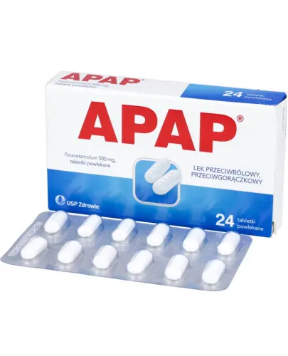 APAP 500 mg, 24 tabletki powlekane - Z paracetamolem, na ból różnego pochodzenia