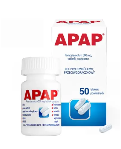 APAP 500 mg, 50 tabletek powlekanych - Z paracetamolem, na ból różnego pochodzenia