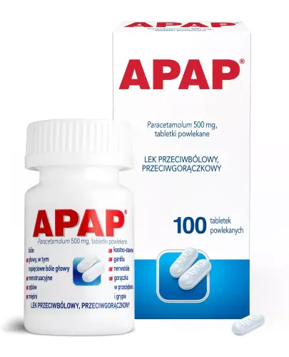 APAP 500 mg, 100 tabletek powlekanych - Z paracetamolem, na ból różnego pochodzenia