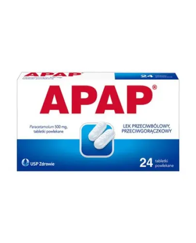 APAP 500 mg, 24 tabletki powlekane - Tabletki z paracetamolem, na ból różnego pochodzenia.