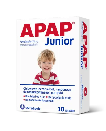 APAP Junior 250 mg, 10 saszetek - Lek przeciwbólowy i przeciwgorączkowy dla dzieci od 4. roku życia.