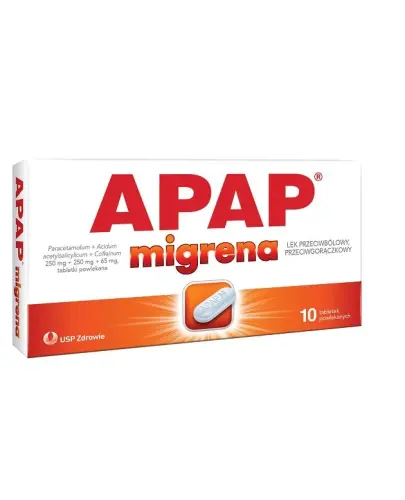 APAP migrena, 250 mg + 250 mg + 65 mg, 10 tabletek powlekanych - W doraźnym leczeniu bólu głowy oraz napadów migreny.