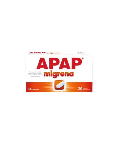 APAP migrena, 250 mg + 250 mg + 65 mg, 20 tabletek powlekanych - W doraźnym leczeniu bólu głowy oraz napadów migreny.