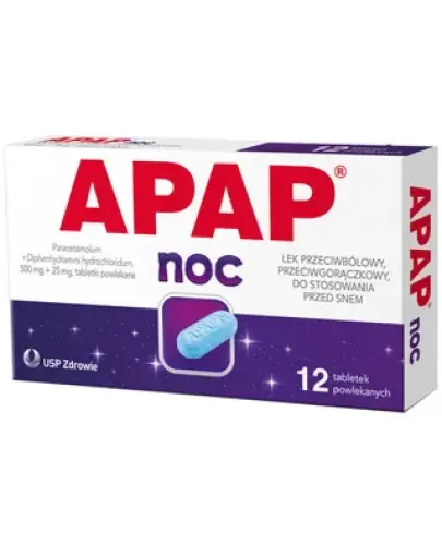 APAP Noc 500 mg + 25 mg, 12 tabletek powlekanych - Tabletki przeciwbólowe ze składnikiem nasennym.