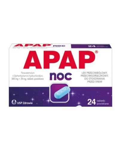 APAP Noc 500 mg + 25 mg, 24 tabletki powlekane - Tabletki przeciwbólowe ze składnikiem nasennym.