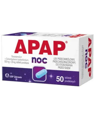 APAP Noc 500 mg + 25 mg, 50 tabletek powlekanych - Tabletki przeciwbólowe ze składnikiem nasennym.