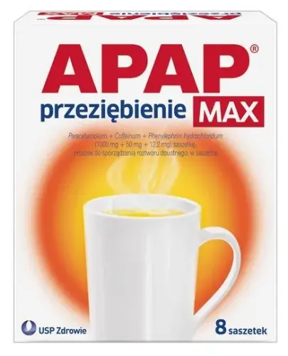 APAP przeziębienie Max 1000 mg + 50 mg + 12,2 mg, 8 saszetek - Lek złożony do stosowania w krótkotrwałym leczeniu objawów przeziębienia i grypy.