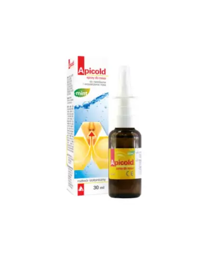 Apicold mint, 30ml spray do nosa izotoniczny - Roztwór wody morskiej, mentolu i wyciągu z liści eukaliptusa do nawilżania i oczyszczania nosa