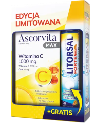 Zestaw Ascorvita Max, 30 tabletek + Litorsal Forte mango-marakuja, 20 tabletek musujących - Z witaminą C i elektrolitami