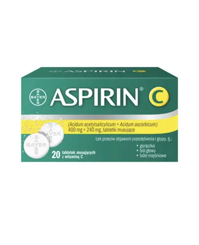 Aspirin C tabletki musujące, 20 sztuk  - Tabletki musujące, które działają przeciwbólowo, przeciwzapalnie i przeciwgorączkowo