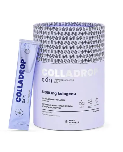 Aura Herbals Colladrop Skin Kolagen 5 000 mg, 30 saszetek - Wzbogacony o witaminę C, która przyczynia się do prawidłowego tworzenia kolagenu