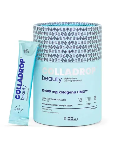 Aura Herbals Colladrop Beauty kolagen HMG 10 000 mg ananas, 30 saszetek - Wysoko przyswajalny kolagen morski o średniej masie cząsteczkowej 2 000 daltonów