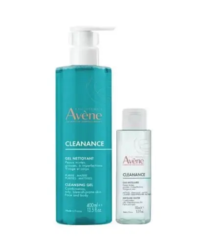 Avene Cleanance Zestaw Żel oczyszczający, 400 ml + Woda micelarna, 100 ml - Oczyszcza, usuwa zanieczyszczenia i przywraca skórze świeżość