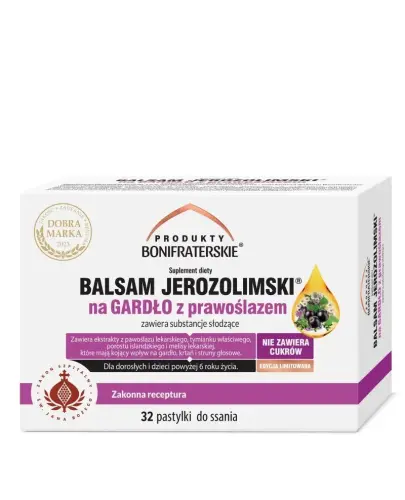 Produkty Bonifraterskie Balsam Jerozolimski na gardło z prawoślazem, 32 pastylki do ssania - Pastylki o porzeczkowo-ziołowym smaku