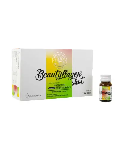 Beautyllagen Shot o smaku jabłko-limonka, 15 x 30 ml - Kompozycja kolagenu i witamin dla zdrowia i jędrnej skóry