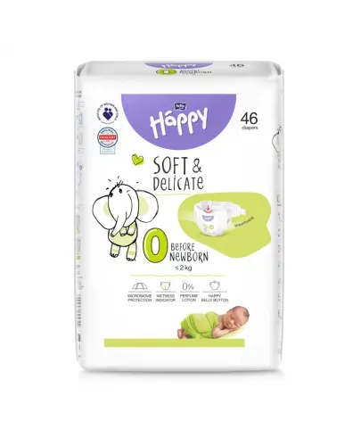 Bella Baby Happy Soft & Delicate 0 Before Newborn Pieluszki dla dzieci poniżej 2 kg, 46 sztuk - Pieluchy jednorazowe dla noworodków