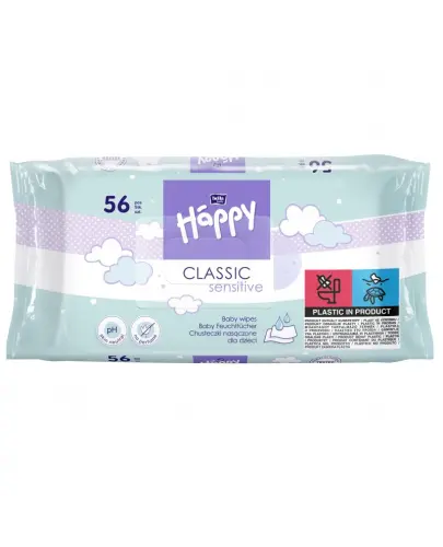 Bella Baby Happy Classic Sensitive Chusteczki nasączone, 56 sztuk - Chusteczki nawilżane z aloesem