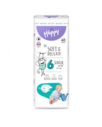 Bella Baby Happy Soft & Delicate 6 Junior Extra 15+ kg Pieluszki dla dzieci, 48 sztuk - Pieluchy jednorazowe dla małych dzieci