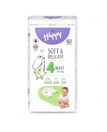 Bella Baby Happy Soft & Delicate 4 Maxi 8-14 kg Pieluszki dla dzieci, 62 sztuki - Pieluchy jednorazowe dla niemowląt