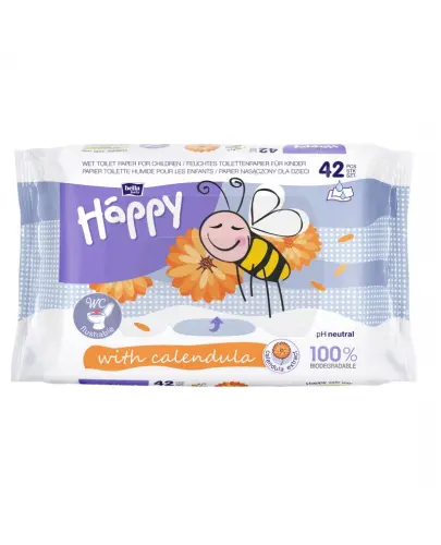 Bella Baby Happy With Calendula Nawilżany papier toaletowy dla dzieci z z ekstraktem z nagietka, 42 sztuki - Spłukiwalny w toalecie